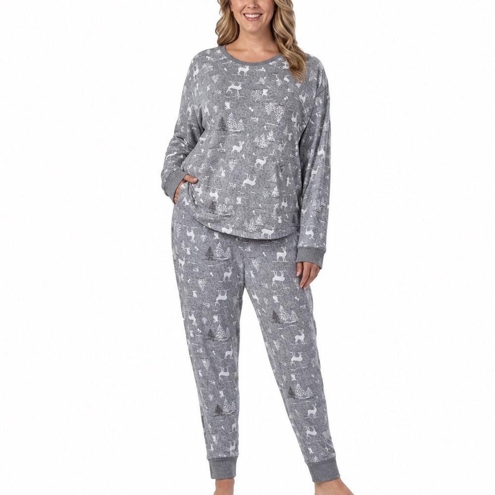 Cuddl Duds Womens‎ Gray Woodland Deer Forest Pajama Set Long Sleeve Jogger XXL